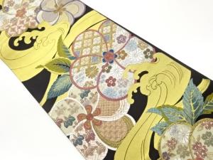 荒波に花々・桐・古典柄模様織出し袋帯